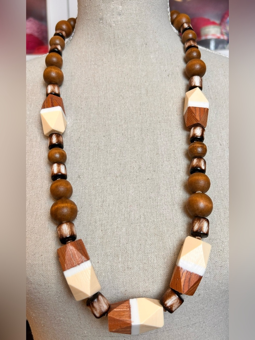 Chunky Wood Geometric Bead Statement Necklace Artisan Organic Modern Aesthetic